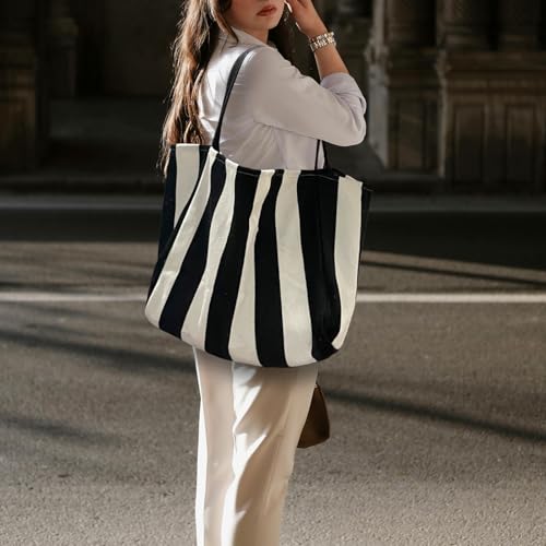 Image of Striped Canvas Tote Handbag for Women Vertical Stripe Large Capacity Shoulder Bag for Shopping Travel