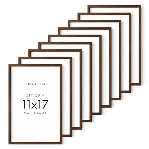 HAUS AND HUES Walnut Wood 11x17 Picture Frames - Set of 9, Natural Frames with Hanging Hardware