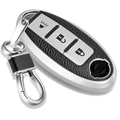 Image of Key Fob Cover for Nissan Kicks, Leather-Style Keychain Tab, Silver