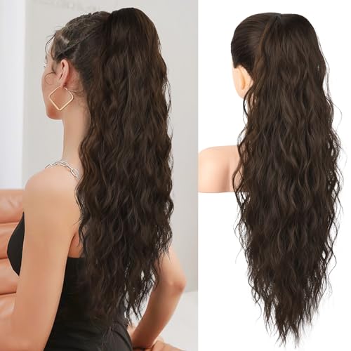 REECHO Ponytail Extension, 26" Long Beach Wave Drawstring Pony Hair Extension Synthetic Pony Tail Hairpiece for Women