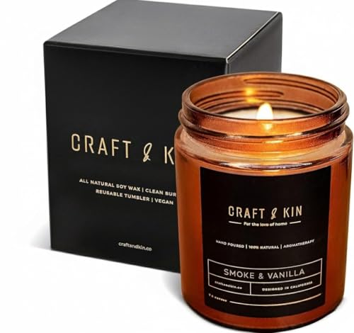 Craft & Kin Premium Smoke & Vanilla Scented Candle – Long Lasting, 45 Hour Burn Time – Luxury Natural Soy Scented Candle – Room Decor and Aromatherapy – 8 oz