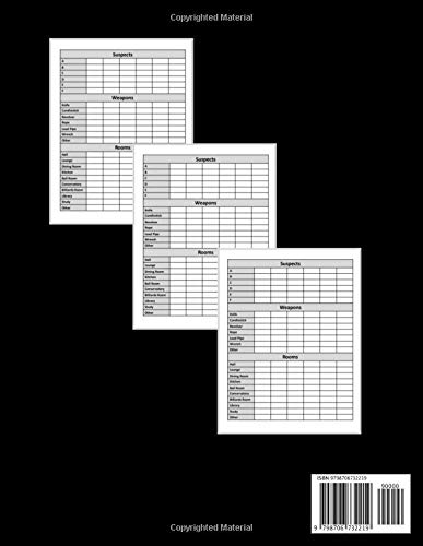 Multiple Clue score sheets showing sections for Suspects, Weapons, and Rooms with checkboxes.