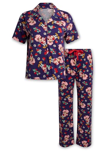 Image of COCO BRANDS Strawberry Shortcake Womens Pajama Sets - 2 Piece Soft Stretch Button Down Sleep Shirt and Pajama Pants
