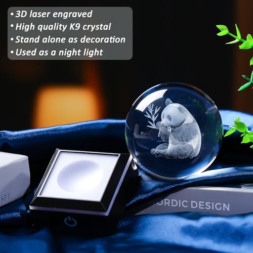 Image of 3D Panda Crystal Ball with Color-Changing LED Base - Laser Engraved Panda Gift for Women Men Kids, Decorative Night Light Paperweight for Desk /Bedroom - 3.15inch