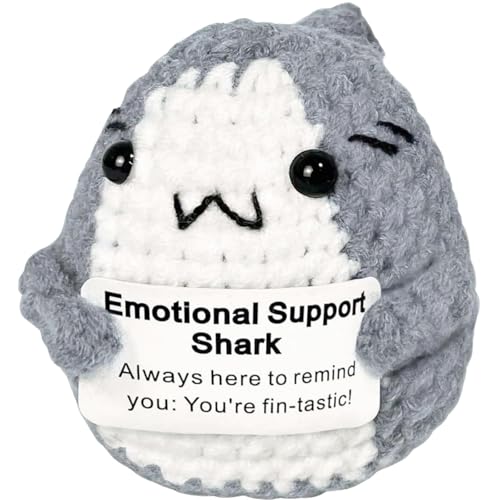 Yiqicomle Unique Emotional Support Shark, Plush Doll with Pocket Hug Card, Crocheted Animal Gift for Shark Lovers, Birthday and Party Decor, Handmade Funny Knitted for Women Men Friends (Grey)