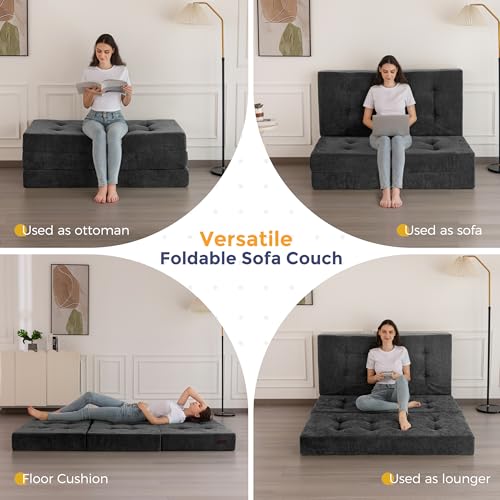 Image of MAXYOYO 6 inch Folding Sofa Bed for Floor, Tufted Tri-Fold Floor Mattress with Chenille Fabric, Full Size Portable Sofa Couch Guest Mat for Adults, Foldable Topper for Camping, Dark Grey, 53 inchx75 inch
