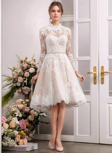 Tea Length Wedding Dresses for Bride Lace Tulle Wedding Dress for Women Long Sleeve Bridal Shower Dresses for Bride4