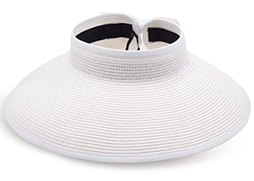 Sun Visors for Women Ribbon Binding Foldable Straw, Sun UV Protection Wide Brim Adjustable Floppy Beach Sun Hats (White)
