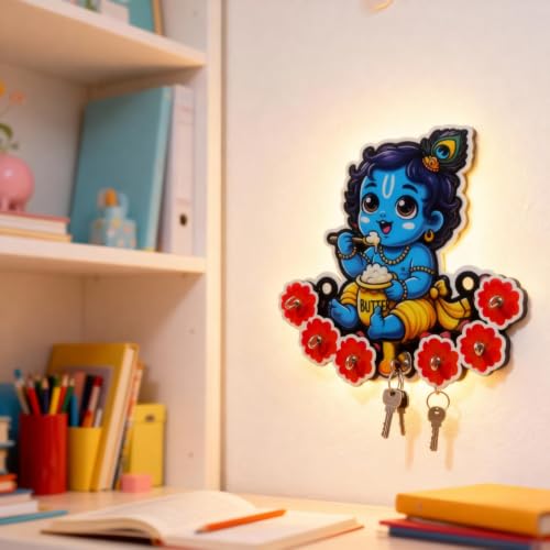 Image of Cute Krishna Wall-Mounted Key Holder, Peacock Feather & Floral Art, 20x25 cm, 7 Hooks, Pink UV Printed Design, Decorative Key Stand - Home & Office (Red Blue Krishna)