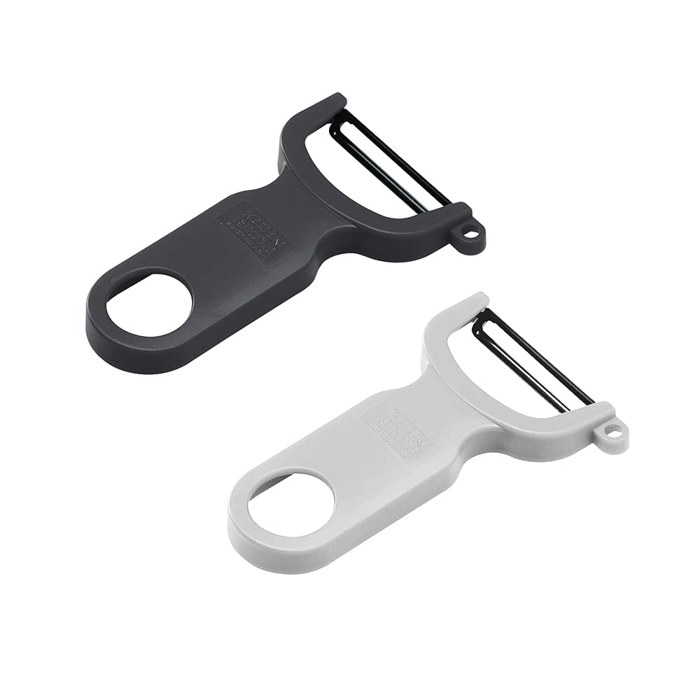 Kuhn Rikon Potato Peelers (Set of 2) with Carbon Steel Blade. Vegetable Peeler. Light Speed Peeler. Grey and White. 3 Year Kuhn Rikon Guarantee