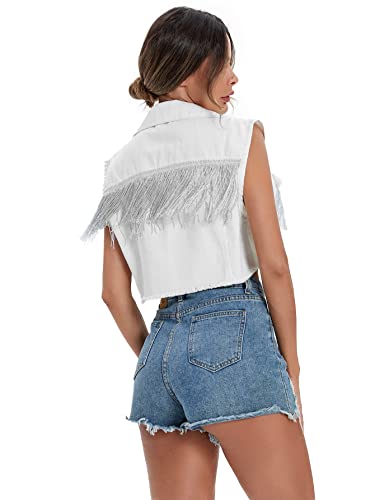 Verdusa Women's Fringe Raw Trim Sleeveless Denim Vest Jean Jacket Coat White S #TOP11