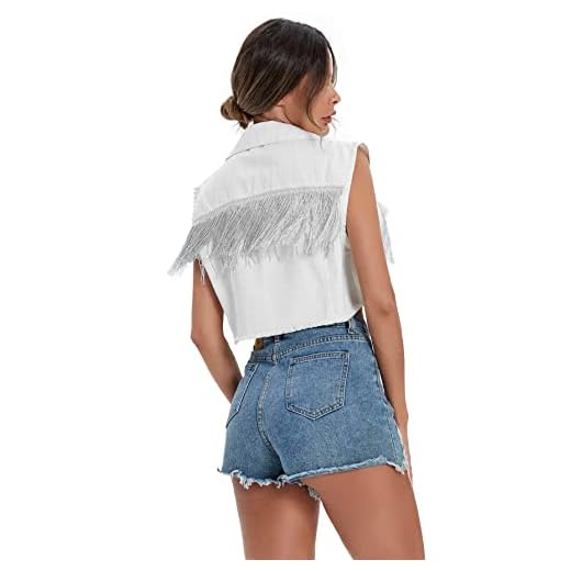 Verdusa Women's Fringe Raw Trim Sleeveless Denim Vest Jean Jacket Coat White S