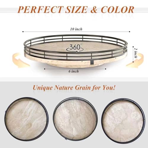 Image of Italian Natural Travertine Lazy Susan Turntable for Table Top - 10 inch Round Marble Tray Organizer for Bathroom, Vanity, Dining Table, Kitchen Countertop & Bar, Luxury Stone Serving Tray with Black Frame