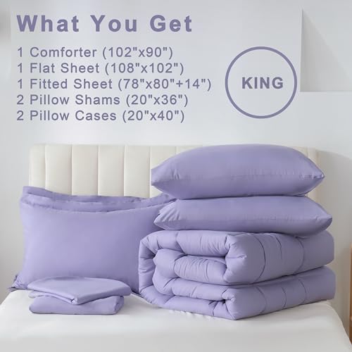 DOWNCOOL King Size Comforter Set, 7Pcs Bedding Comforter Sets Purple, All Season Down Alternative Bedding Comforter Sets with Comforter, Flat Sheet, Fitted Sheet, 2 Pillow Shams & 2 Pillowcases
