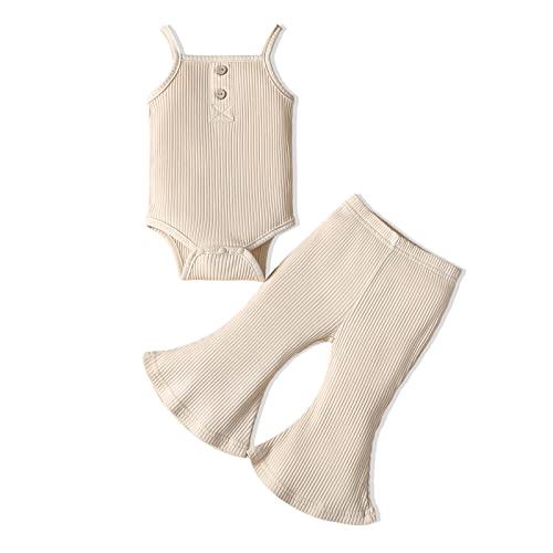 Image of Infant Baby Girl Clothes Sleeveless Romper Bodysuit Tops & Flared Bell Bottom Pants Solid Color Newborn Summer Outfits Sets