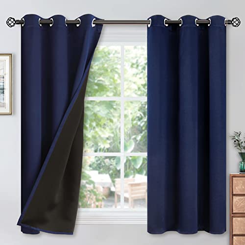 Image of YoungsTex Navy Blue 100% Blackout Curtains for Bedroom, Short Thermal Insulated Black Out Drapes with Black Backing Room Darkening, 2 Panels, 42 x 40 Inch