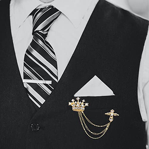 Image of Crystal Crown Cross Chain Brooch Pin,Long Chain Tassel Wing Suit Lapel Pin Rhinestone Crown Badge Pin Jewelry for Women Men Birthday Gifts