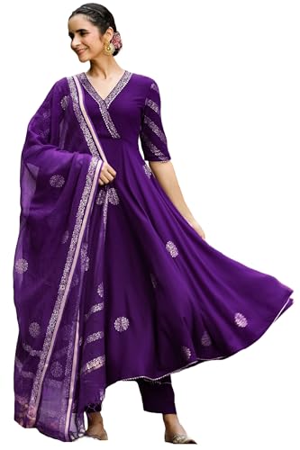 Image of GoSriKi Women's Cotton Blend Printed Anarkali Kurta with Pant & Dupatta | Ethnic Wear for Women | Indian Casual Office Daily Summer Outfit