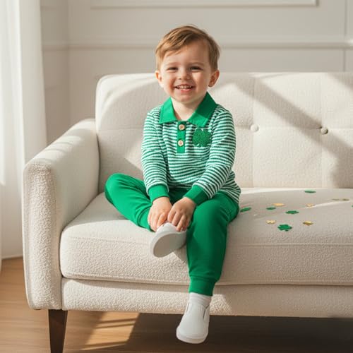 Image of Toddler Baby Boy St Patricks Day Outfit Infant Lucky Clover Sweatshirt Pants Set Little Kids Spring Warm Clothes