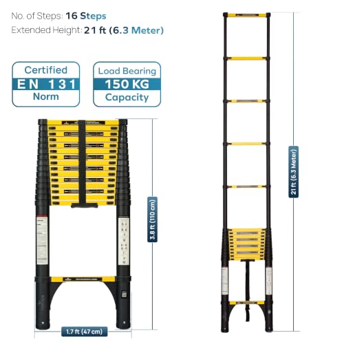 Image of Corvids 6.3m (21 ft) Folding Carbon Steel Telescopic Ladder, 2-Year Warranty, 16-Step Heavy Duty Extension Ladder, Q195 Rustproof Alloy Steel, Portable & Collapsible Ladder for Home & Outdoor use