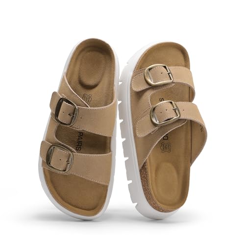 DREAM PAIRS Women's Platform Sandals Wedge Chunky Heel Slip-on Comfort Slides with Arch Support Cork Footbed Adjustable Buckle Summer Slide Sandals 6.5 Taupe