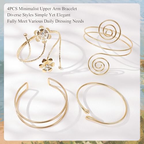 4Pcs Upper Arm Cuff for Women Open Adjustable Arm Bracelets Minimalist Coil Arm Armband Set2
