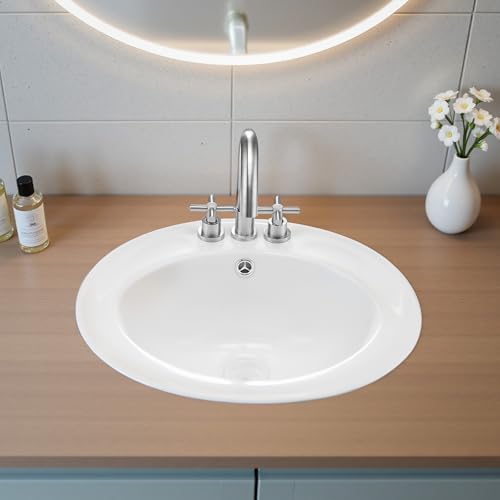 VEVOR Halbeinbauwaschbecken Handwaschbecken 485 x 425 mm ovales Aufsatzwaschbecken mit Überlauf & 3 Wasserhahnlöchern, modernes Einbauwaschbecken für kleine Räume Küchen Badezimmer Weiß