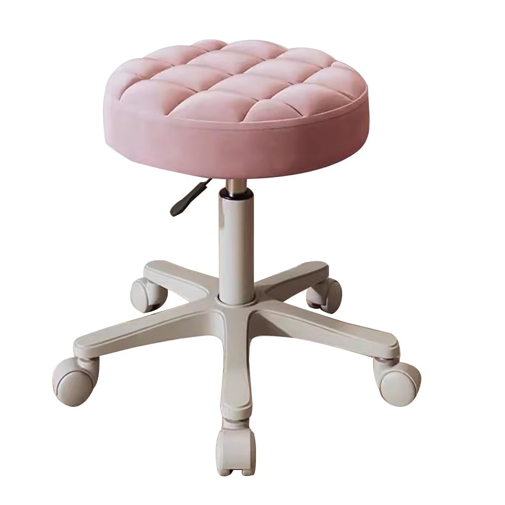 OZBMA Adjustable Barber Chair with Wheels - Swivel Makeup for Bedroom, Living Room & Vanity Stools Comfortable Backrest Desk Use (Pink)