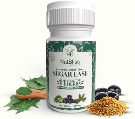 NATBLISS Sugar Ease Tablets | Ayurvedic Sugar Management Tablets |Neem, Vijaysar, Jamun, Gudmar & Methi | Helps to Reduce Post-Meal Sugar Spikes & Blood Sugar Regulation 60 Tablets