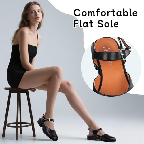 Black Split Toe Pumps For Women Tabi Flat Sandals With Buckle Strap Fashion Slingback Falts Comfortable Chunky Heel Dress Shoes For Casual Office Walking4