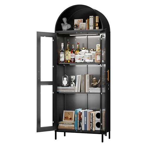 GangMei Metal Arched Display Cabinet with 3 Lights,Lockable Arch Cabinet with Glass Doors and 2 Adjustable Shelf for Home Office,Assembly Required,Black
