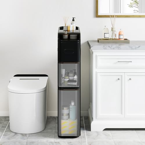 KOMFOTTEU Armario Estrecho de 4 Niveles con Ruedas, Carrito de Baño con 2 Cajones y Caja de Pañuelos, Estantería Lateral de PP Ahorra Espacio para Cocina, Baño, 18 x 43 x 88 cm (Negro) - imagen 2