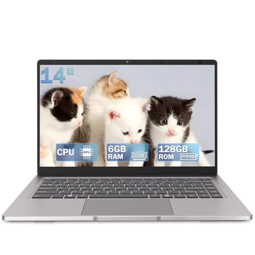 Ordenador portátil Celeron N4000 de doble núcleo, ordenador portátil de 14 pulgadas, 6GB RAM 128GB SSD, soporta 2.4G / 5G WiFi, Bluetooth 5.0 Webcam integrada, puertos USB 3.0, mini HDMI. Larga