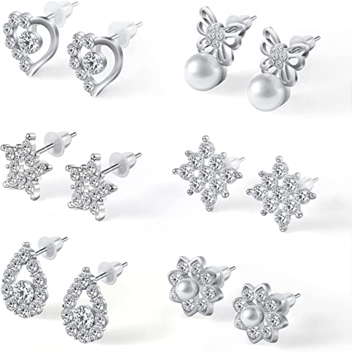 Aucuu Pendientes Mujer Plata, Pendientes Piercing Oreja de Ley 925, Pendientes de Perlas de Cristal Artificial, Pendientes Circonita Cúbica Pequeños de Cartílago, Regalo del Día de la Madre-6 Pares Cover