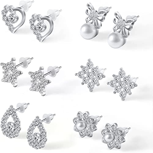 Aucuu Silver Earrings for Women, 6 Pairs Cubic Zirconia Stud Earrings 925 Sterling Silver Earrings Small Sleeper Cartilage Studs for Women Girls - Multi-shape & Jewel Box, 9-12mm