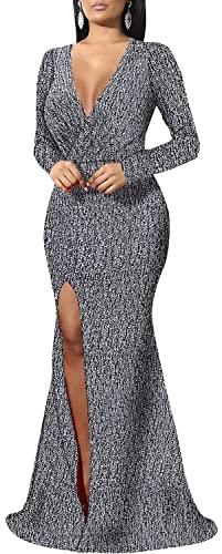 Image of Women's Sexy Long Sleeve Sparkly Maxi Dress V Neck High Slit Wrap Formal Gown Cocktail Glitter Maxi Long Dresses