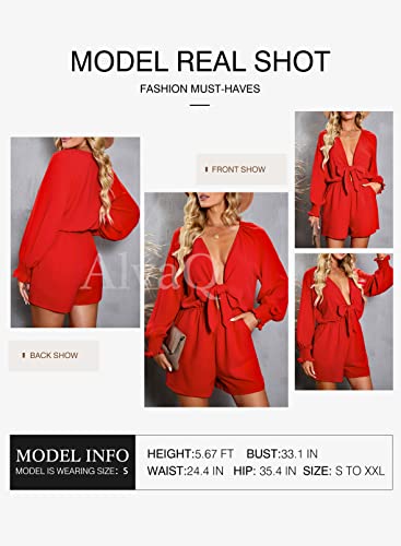 AlvaQ Women's Ladies Lantern Long Sleeve Tie Knot Front Deep V Neck Elastic Waist One Piece Short Jumpsuits Rompers Playsuit with Pockets Red Large
