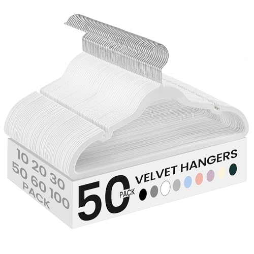 SONGMICS Velvet Hangers 50 Pack, Non-Slip Clothes Hangers with Shoulder Notches, Pants Bar, 360° Swivel Hook, Space-Saving, for Closet, Cloud White UCRF029W05 Cloud White 50 Pack