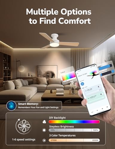 Image of Orison 42-Inch Ceiling Fans with Lights, Low Profile, Flush Mount, Features RGB Backlight, Dimmable Lighting, 6 Speeds, 3 Reversible Blades, Remote and App Control, White
