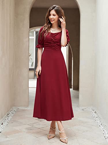 Image of Shasmi Girl's & Women's Solid A-Line Ruched Puff Sleeve Maxi Long Evening One Piece Long Dress for Women Stylish (Dress 131)