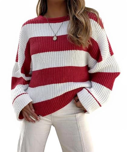 Image of Women's Striped Knitted Pullover Crew Neck Fall Winter Sweater Long Sleeve Color Block Jumper