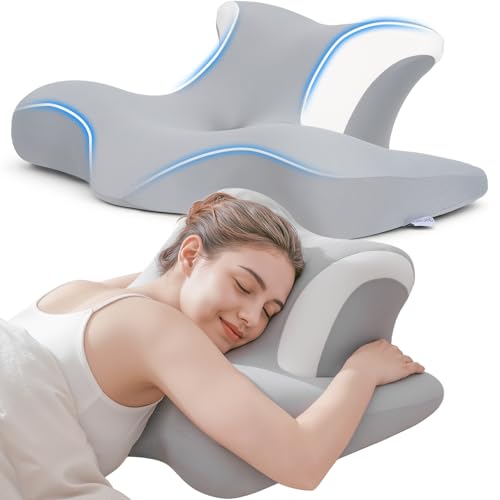 COSYLAND Almohada Cervicales y Cuello - Ergonómica para Dormir de Lado, Boca Arriba o Abajo, Espuma Viscoelástica, Diseño con Espacio para Orejas y Brazos, Funda Transpirable, 64×48×24 cm, Gris