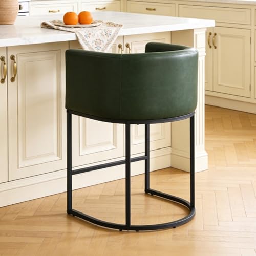 Image of 26 inch Counter Height Bar Stools Set of 1, Faux Leather Upholstered Barrel Chairs with Back and Arms, Metal Frame Kitchen Island Stools with Footrest, Forest Green