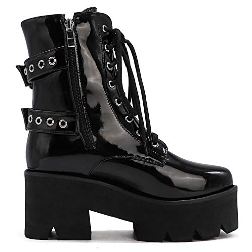 Image of Parisuit Womens Goth Patent Ankle Boots Platform Chunky Combat Boots
