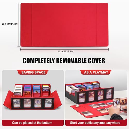 Image of Kabinka Trading Card Storage Box with Commander Display, 4-Row Deck Case with Removable Lid; 2400+ Card Deck Box for MTG TCG Sports Card, 4 Top Loaders, 4 Stoppers, 24 Dividers,1 Dice Bag (Black Red)