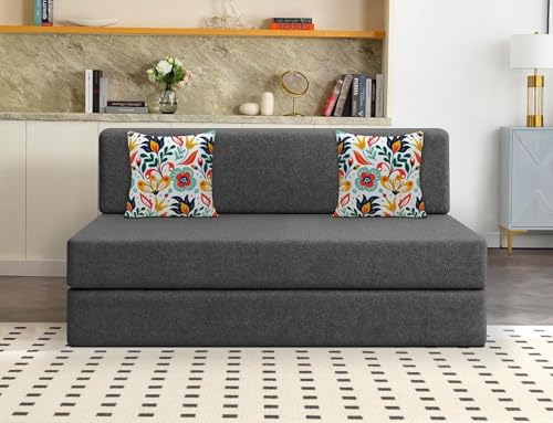 Image of Los Angeles Foldable Two Seater Sofa Cum Bed, Sofa Bed 4 X 6 Ft, Jute Fabric Washable Cover Including Two Cushion Perfect for Living Room & Office Guest Room - Black Color