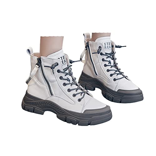 Women's High Top Lace Up Walking Shoes Sports Small White Shoes,Round Head Side Zipper Warm Casual Shoes
