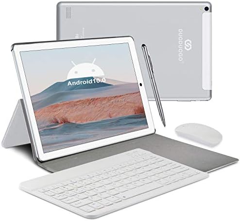 Tablet 10 Pollici 4G LTE – DUODUOGO Tablet Android 10.0, 4GB RAM+64GB ROM, Dual SIM, WIFI, Quad-Core, GPS, IPS 1920×1200, 8000mAh, Doppia Fotocamera, Bluetooth, Tablet in Offerta con Tastiera- Argento