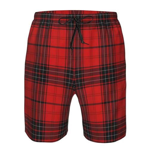 Red and Black Plaid Stylish Men's Bench Shorts - 100% Polyester, Quick-Drying, 6-Sizes4