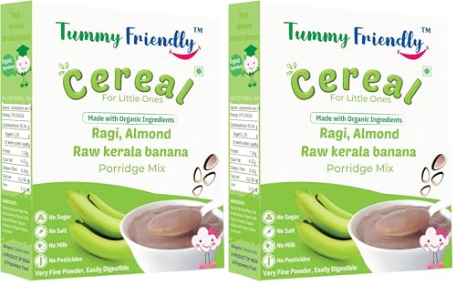 Image of TummyFriendly Foods Certified Organic Sprouted Ragi, Almonds, Raw Kerala Banana Porridge Mix | Made of Sprouted Ragi Powder, Almond Cereal Organic Baby Food for 8 Month. Sprouted for Calcium, Iron | Maximum Nutrition From Real Food | Available in Trial Baby Packs too | Shelf-life 9 month | 200g (RagiKeralaBanana200g)
